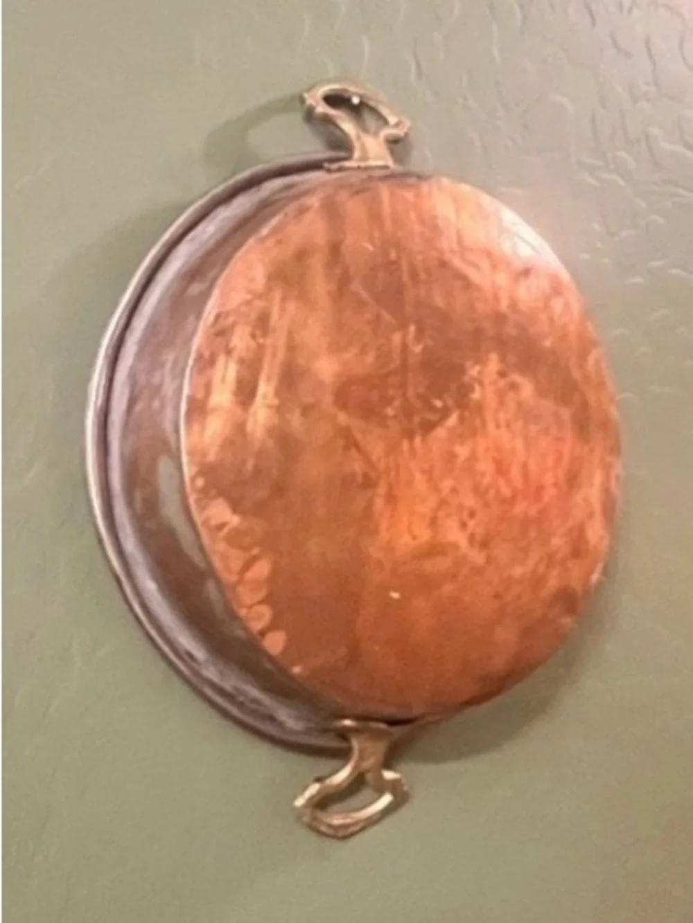 Vintage Copper Brass Round Hammered Bottom Pan Double Handles Wall Decor